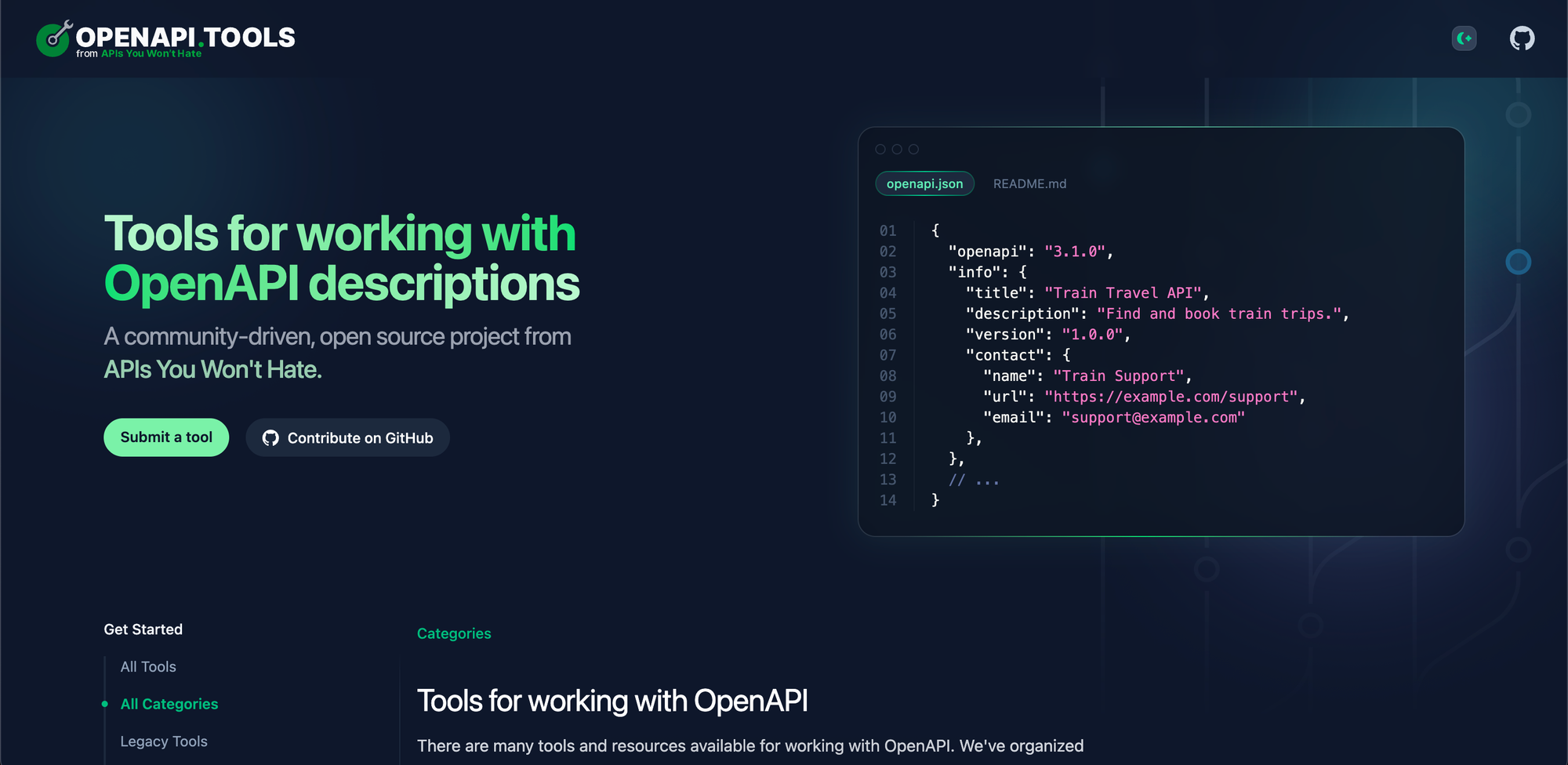 screenshot of oenapi.tools website